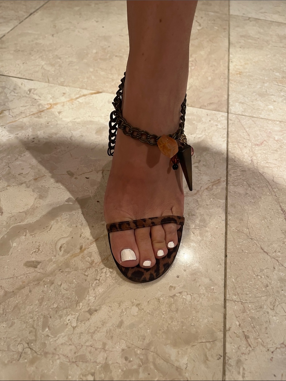 JIMMY CHOO Leopard Print Charm Ankle-Chain Strappy Sandals - Brown